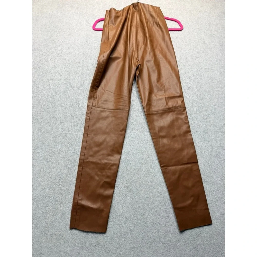 Zara Faux Leather High Rise Straight Leg Pants Cognac Brown Women Small